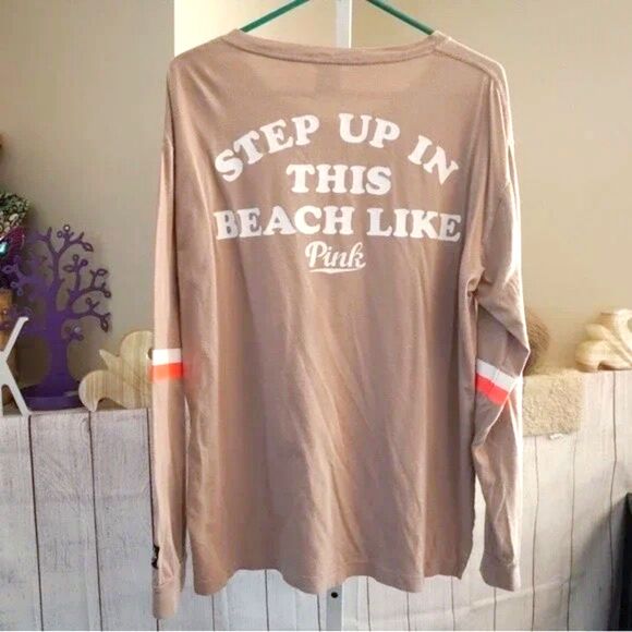Victoria's Secret Pink sz L Beige Long Sleeve Graphic Tee - Picture 2 of 8